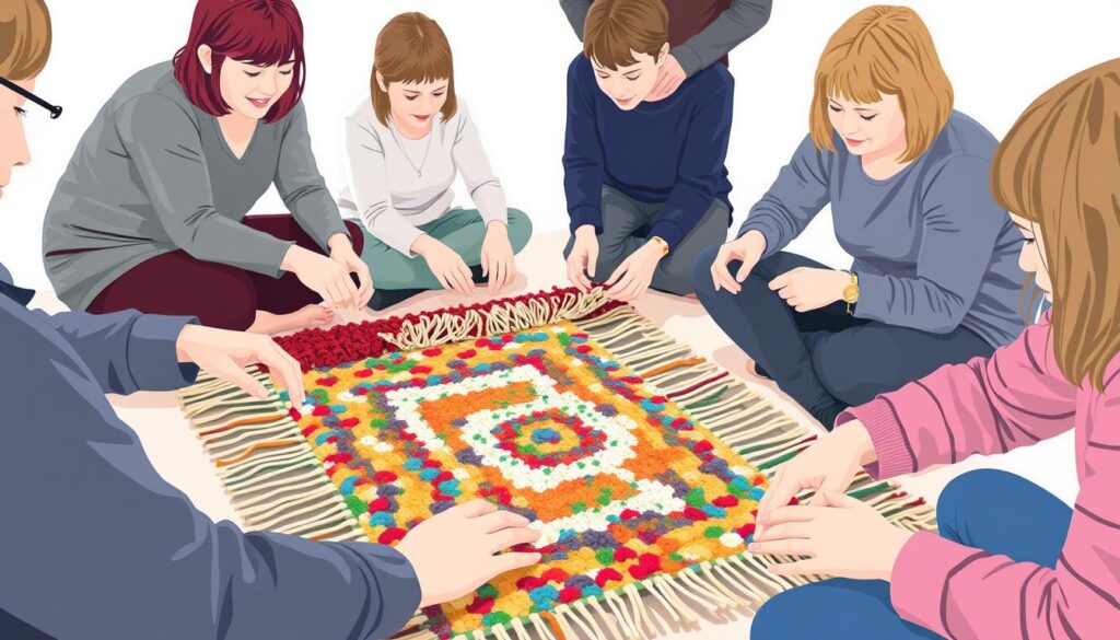 Image of Seagulls Reuse Leeds workshop participants engaged in a rug making activity