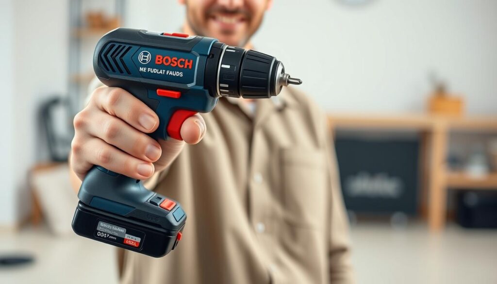Image of a Bosch cordless drill being held by a user, highlighting its compact design