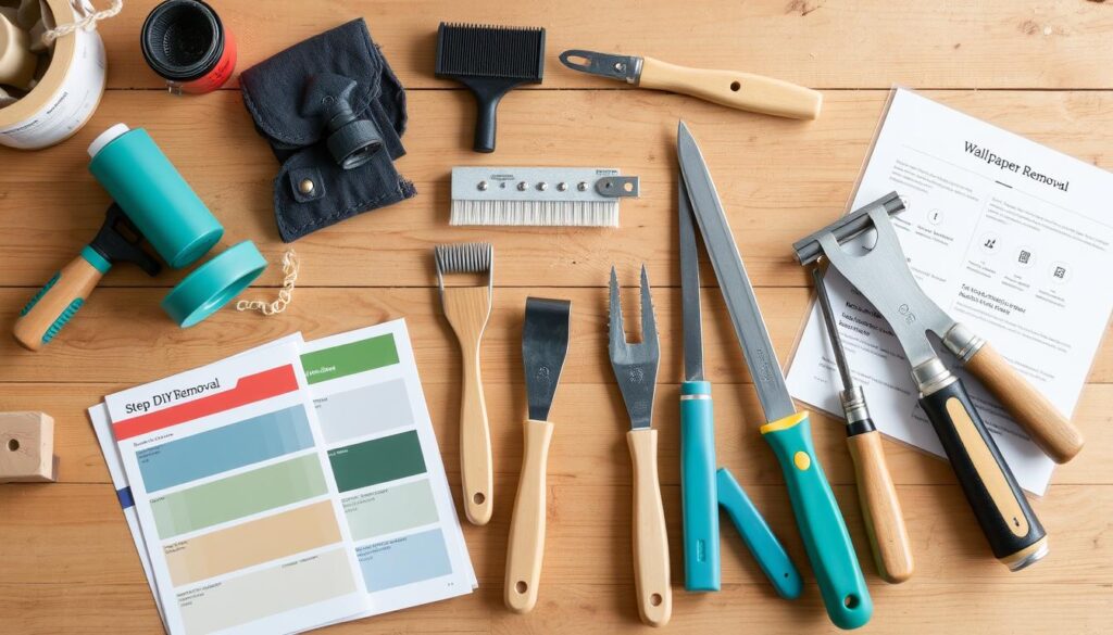 Image of a DIYer's toolkit with wallpaper removal tools