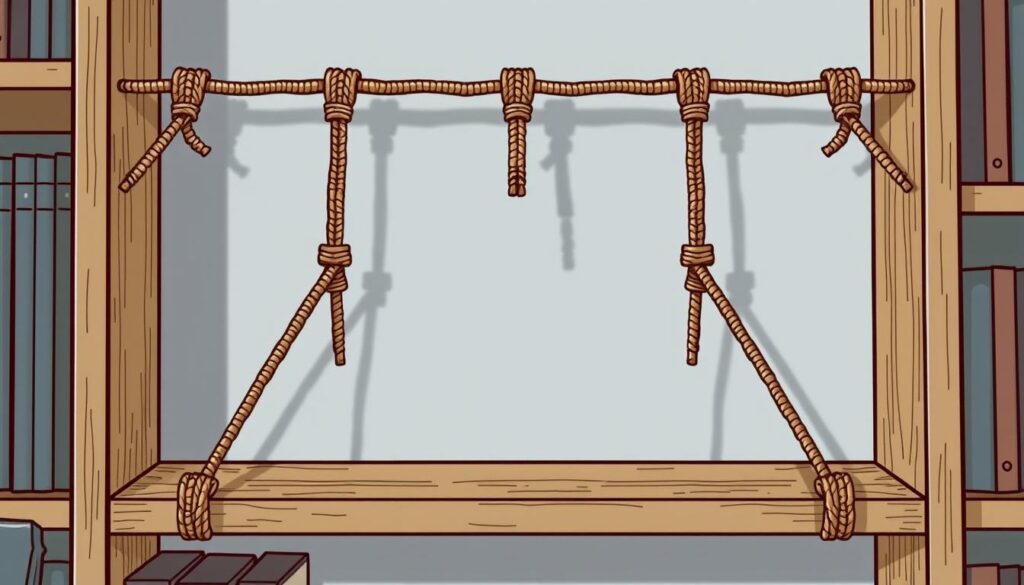Image of a bookcase with paracord cross support