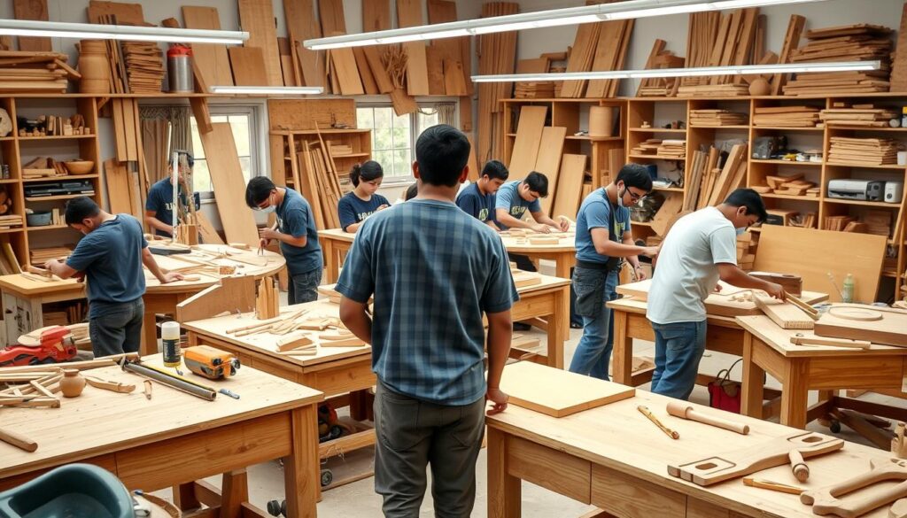Image of a carpentry workshop with students working on woodwork projects.