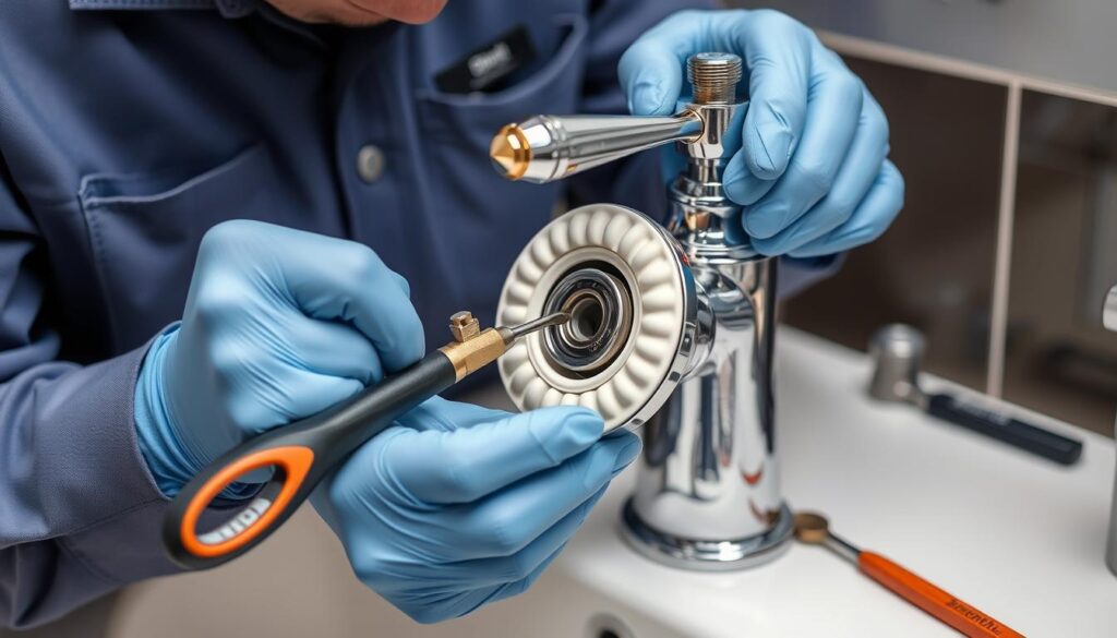 Image of a ceramic disk faucet being repaired