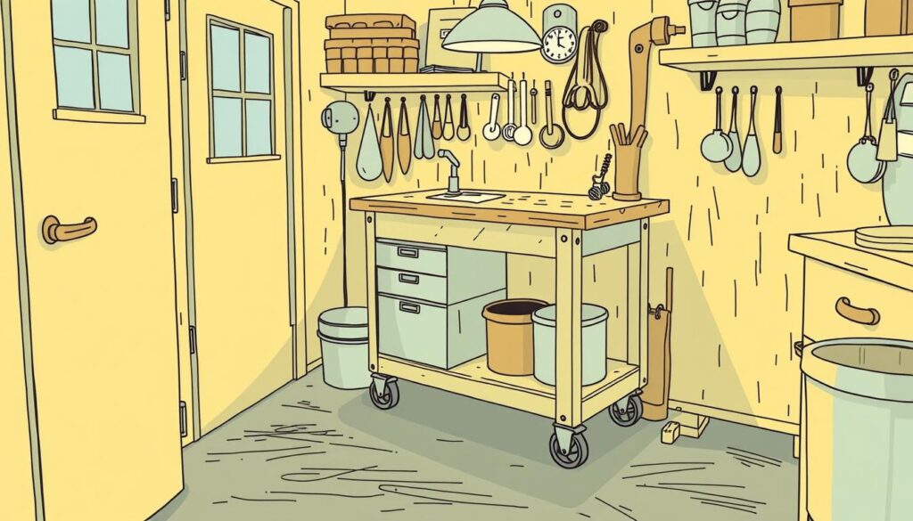 Image of a compact mobile workbench with wheels in a small workshop