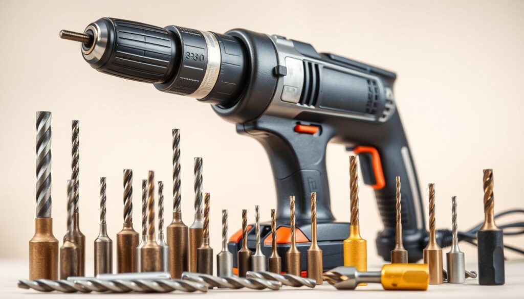 Image of a cordless drill with various drill bits
