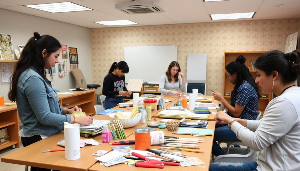 Image of a decorating course with a focus on painting and wallpapering.