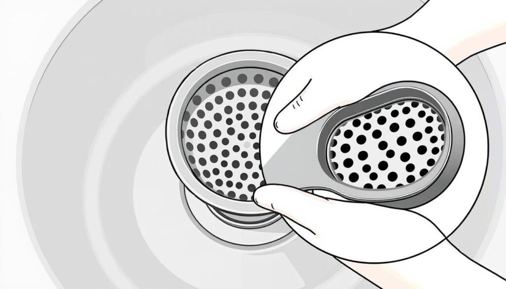 Image of a drain screen or sink strainer being placed over a plughole