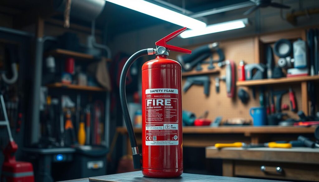 Image of a foam fire extinguisher in a workshop setting