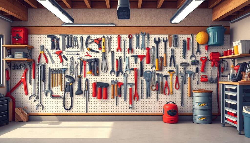 Image of a garage with a pegboard tool organization system