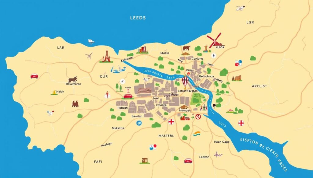 Image of a map highlighting Leeds and its surrounding areas