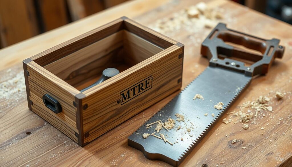 Image of a mitre box with saw