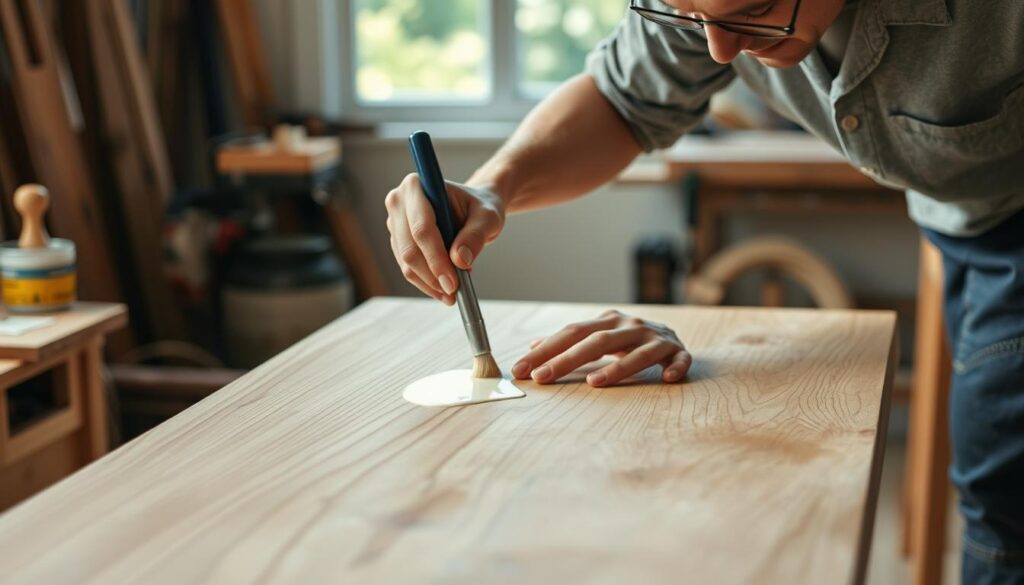 Image of a person applying a clear matte top coat to a table top
