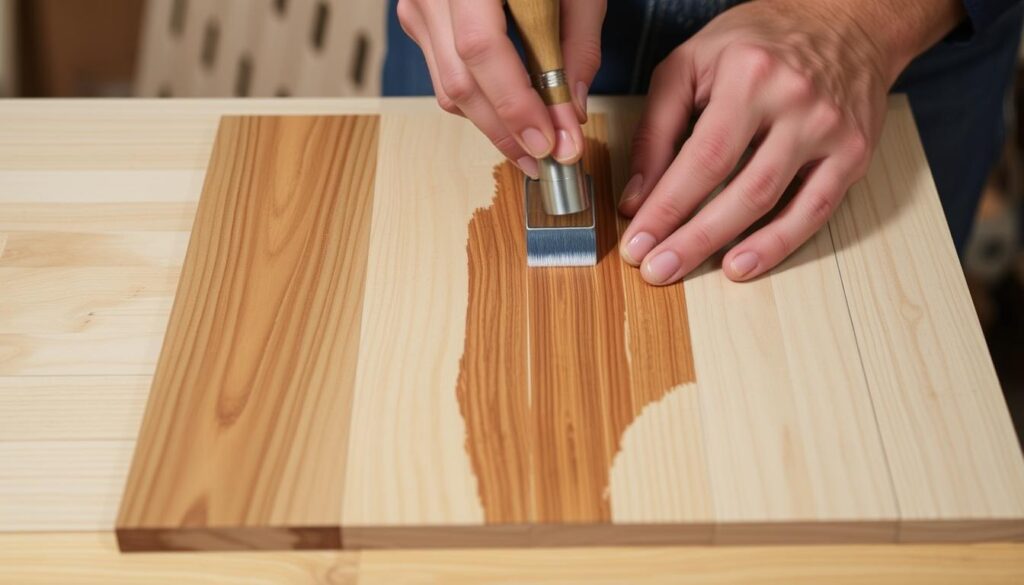 Image of a person applying wood stain to a veneer patch