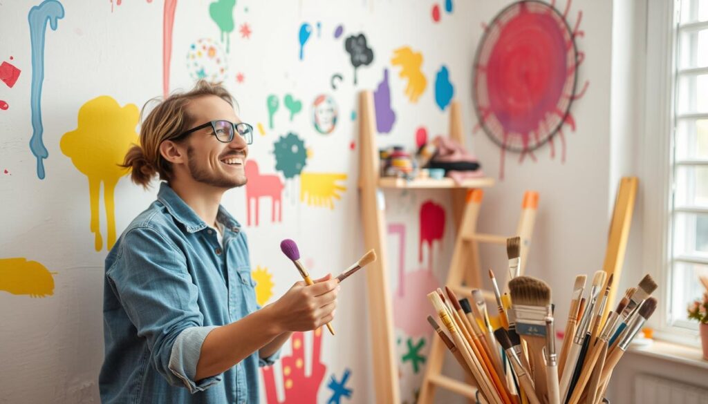 Image of a person decorating a room with paint and brushes
