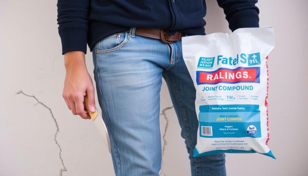 Image of a person holding a putty knife and a bag of joint compound near a plaster wall with a crack.