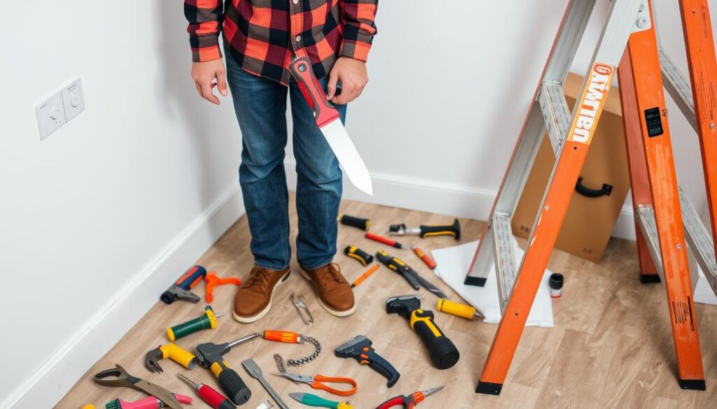 Image of a person holding a putty knife and standing near a ladder with tools scattered around.