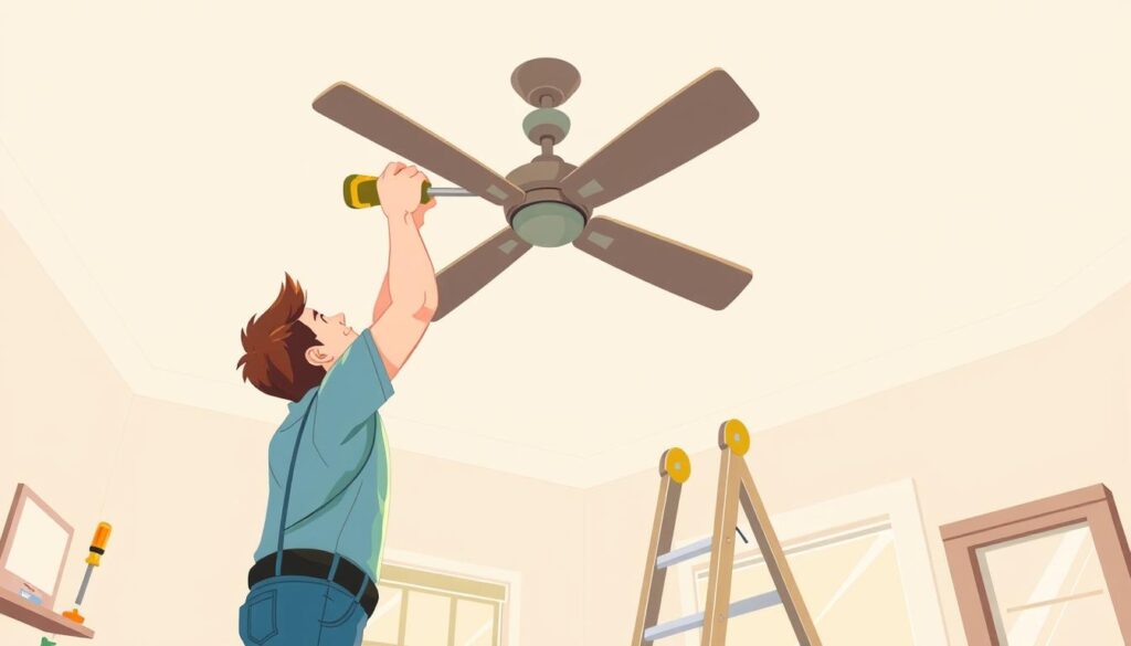 Image of a person installing a ceiling fan with necessary tools