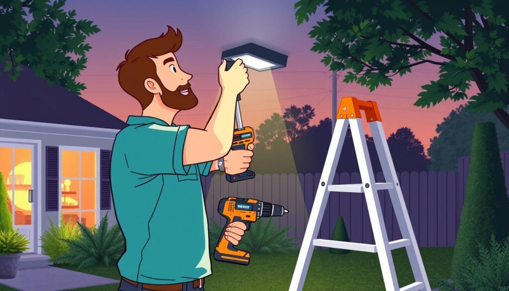 Image of a person installing motion sensor outdoor lights with necessary tools