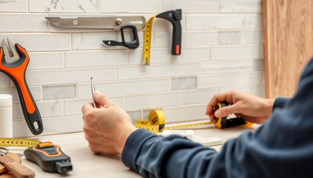 Image of a person preparing tools for peel-and-stick backsplash installation