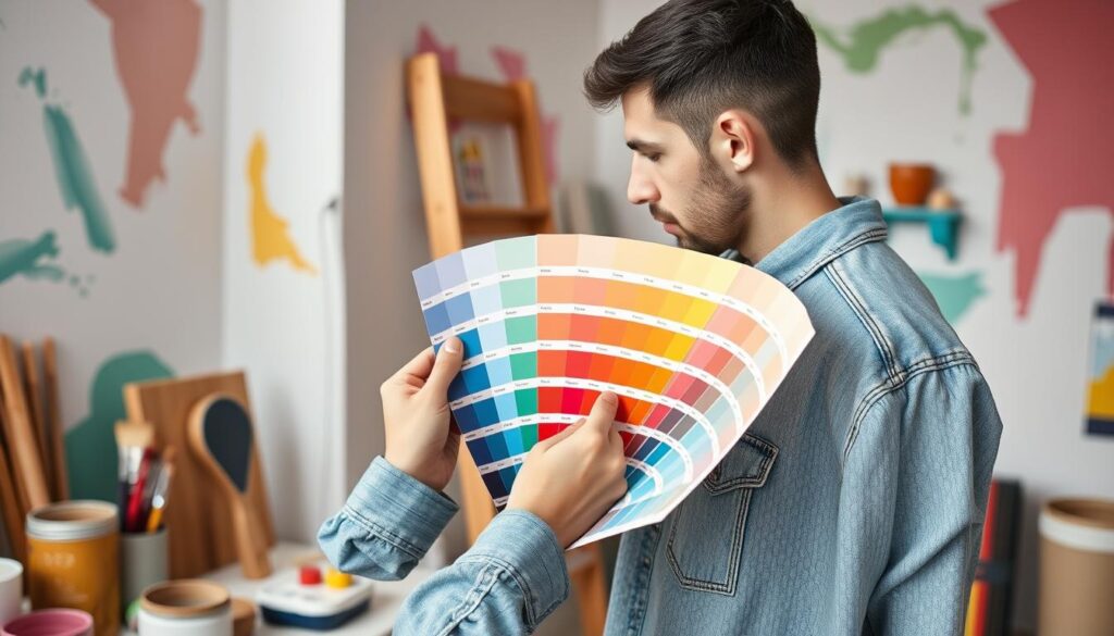Image of a person selecting paint from a colour chart