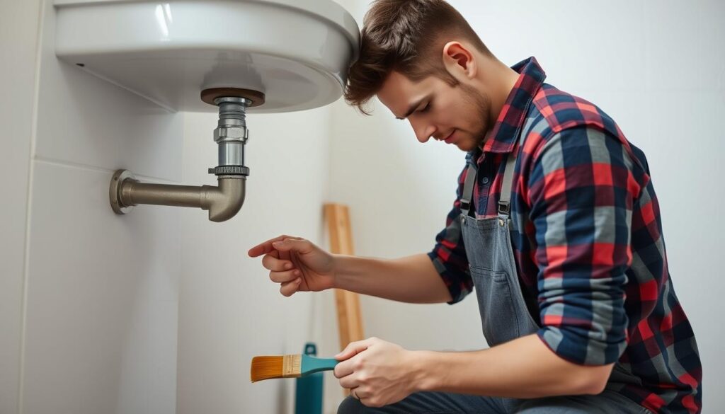 Image of a person undertaking a DIY project, such as fixing a pipe or painting a wall.