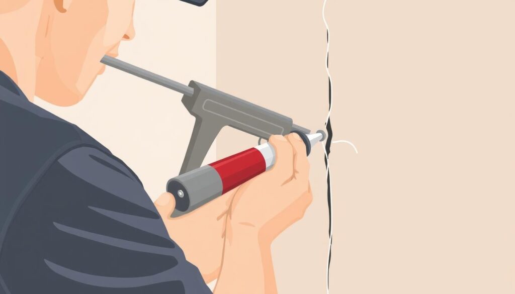 Image of a person using a caulking gun to apply caulk to a stucco crack