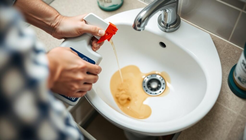 Image of a person using a commercial drain unblocker in a kitchen sink