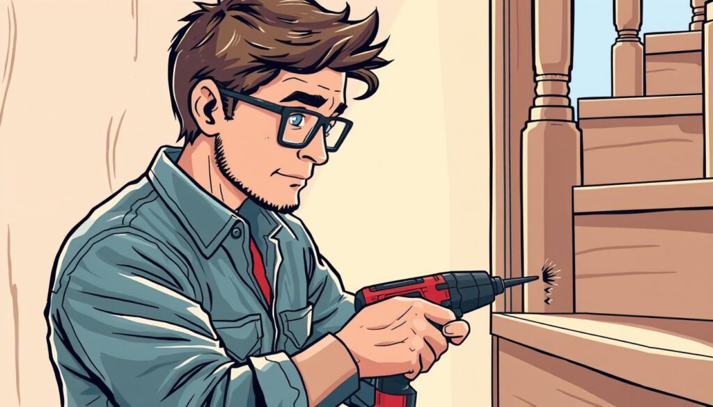 Image of a person using a drill to fix squeaky stairs