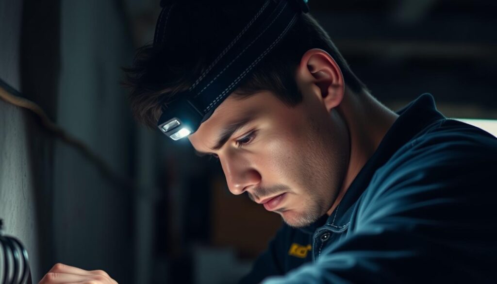 Image of a person wearing a rechargeable head torch while working in a dark area.