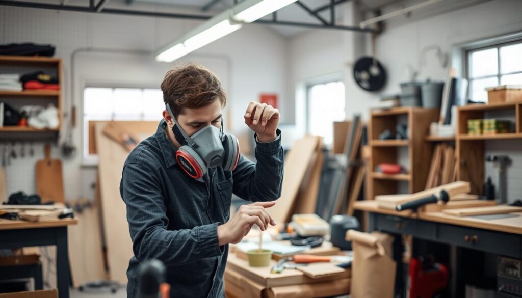 Image of a person wearing a respirator mask while working on a DIY project