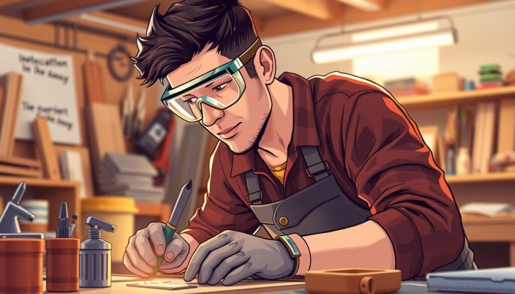 Image of a person wearing safety goggles and gloves while working on a DIY project