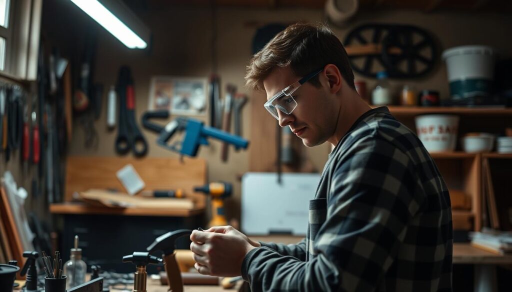 Image of a person wearing safety goggles in a home workshop