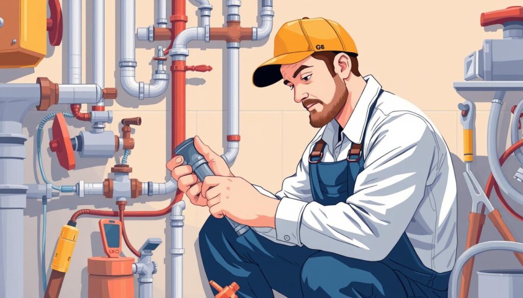 Image of a plumber working on a complex plumbing system