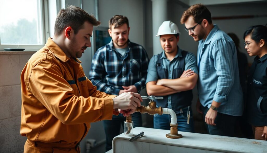 Image of a plumbing course in action, with a tutor demonstrating a plumbing task.