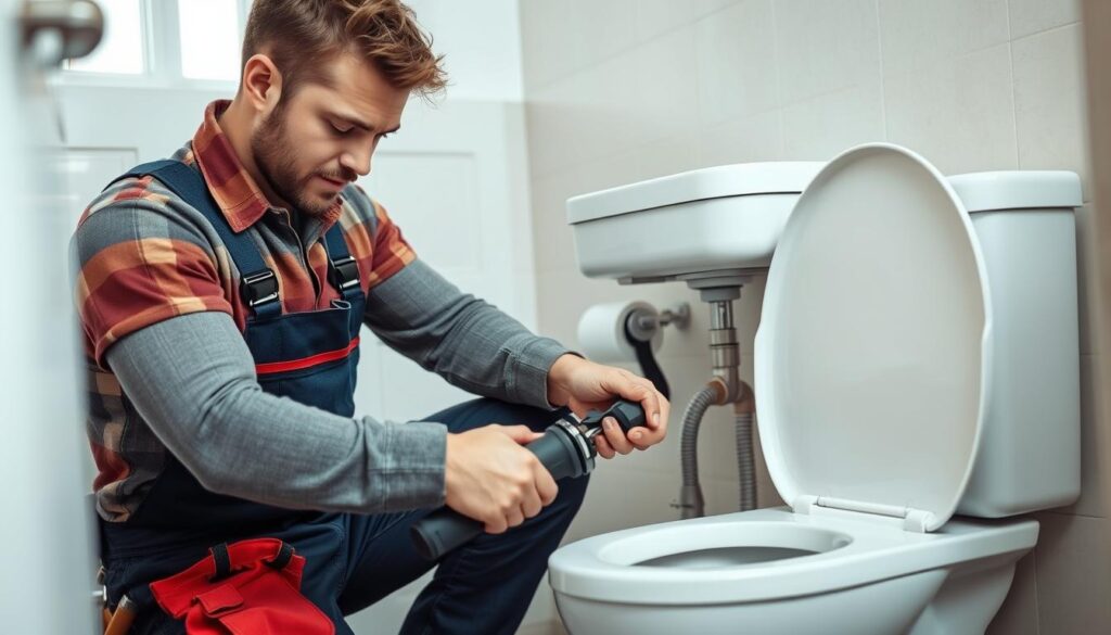 Image of a professional plumber unblocking a toilet