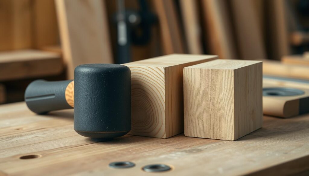 Image of a rubber mallet and softwood blocks