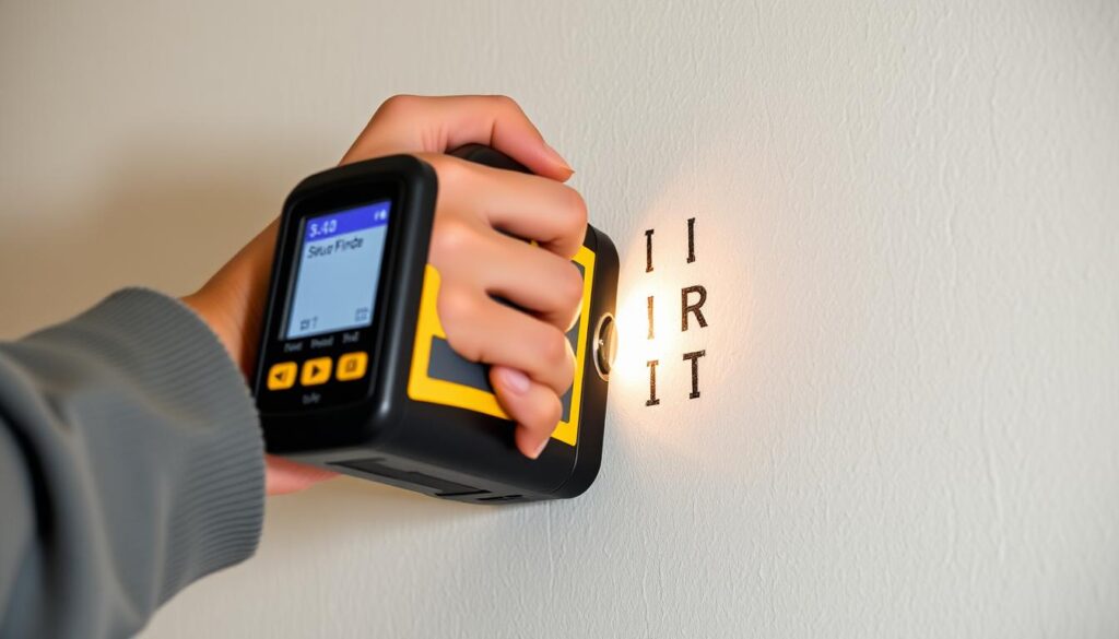 Image of a stud finder being used on drywall