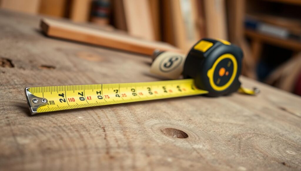 Image of a tape measure on a wooden workbench
