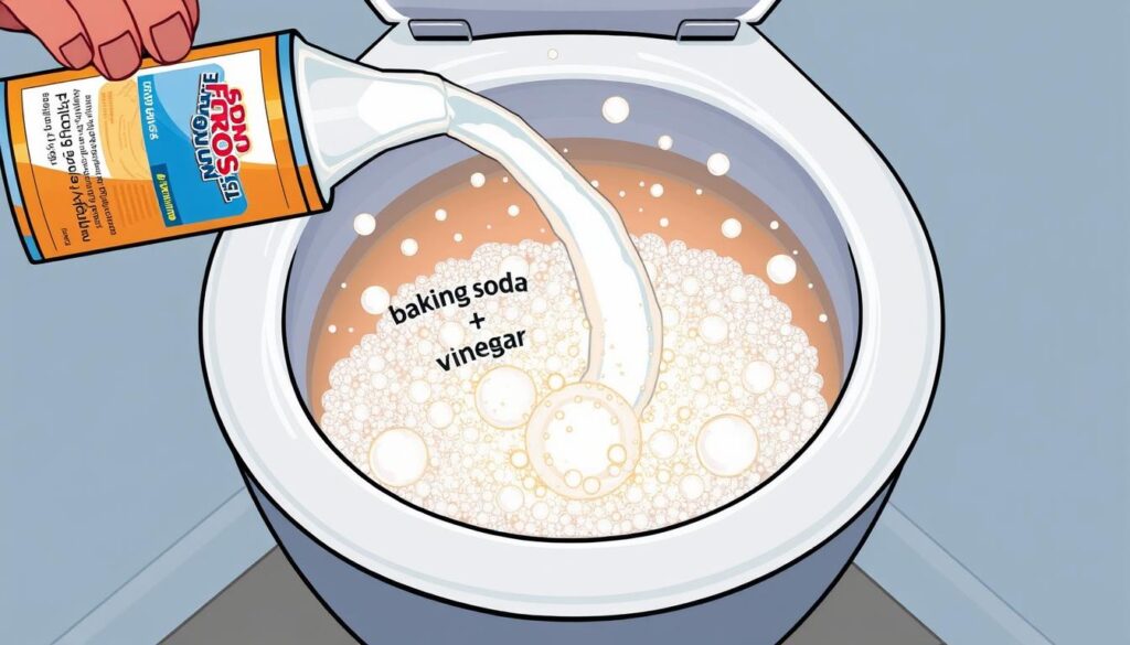 Image of a toilet bowl with baking soda and vinegar being poured into it
