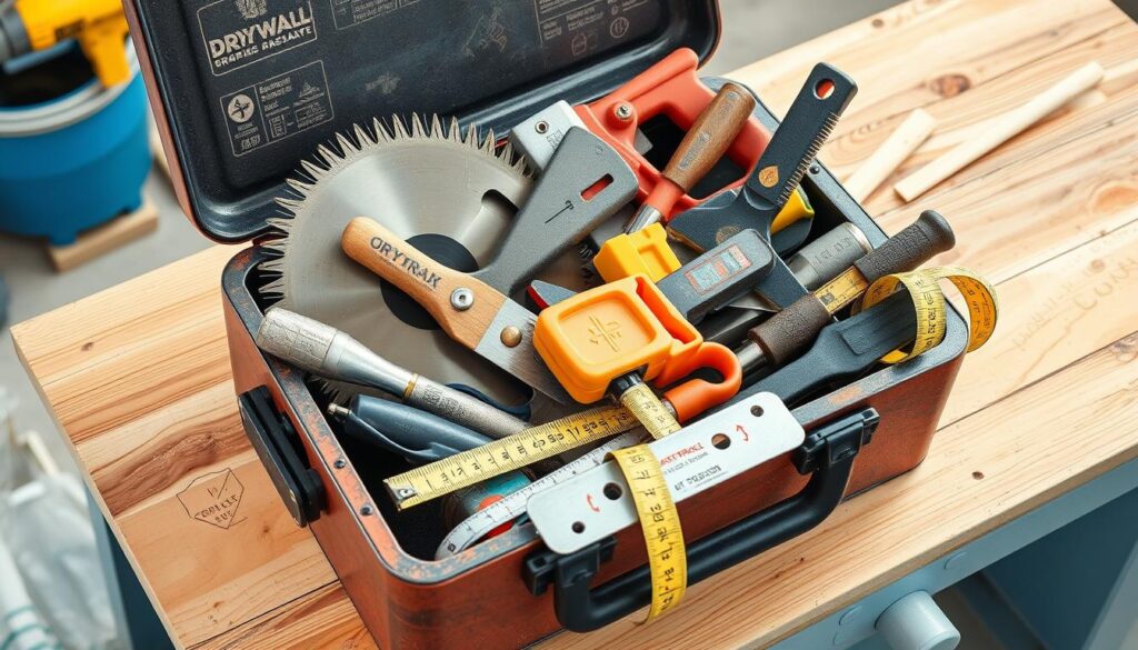 Image of a toolbox with various drywall installation tools