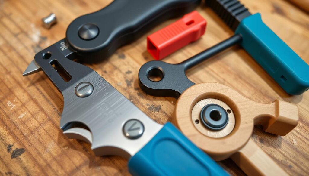 Image of a toolkit with a utility knife, spline, and spline roller tool.