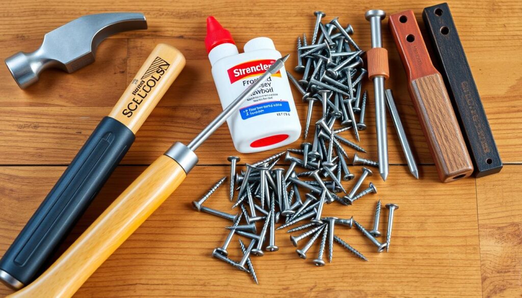 Image of a toolkit with essential tools for fixing squeaky floorboards