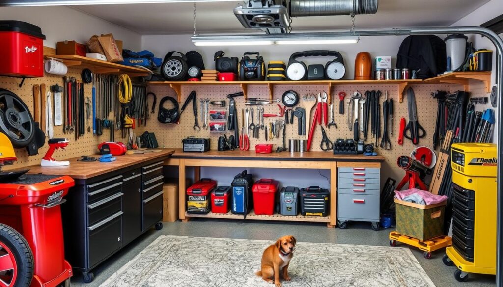 Image of a well-organised garage workshop with a sturdy workbench