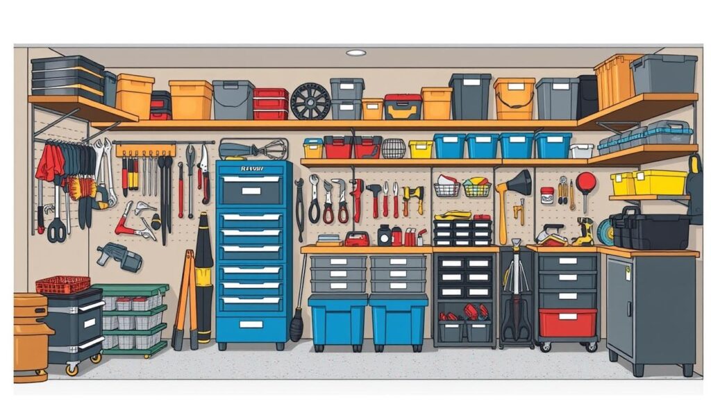 Image of a well-organised garage workshop with various storage solutions