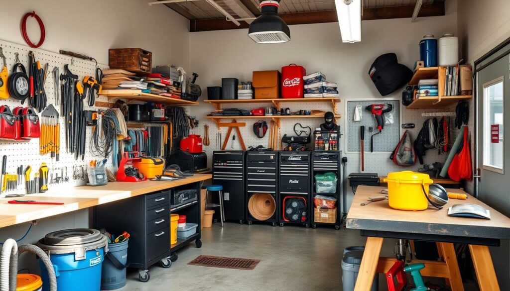 Image of a well-organised garage workshop with various tools and equipment