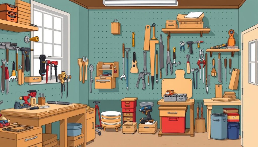 Image of a well-organised workshop with various materials for French cleat wall storage
