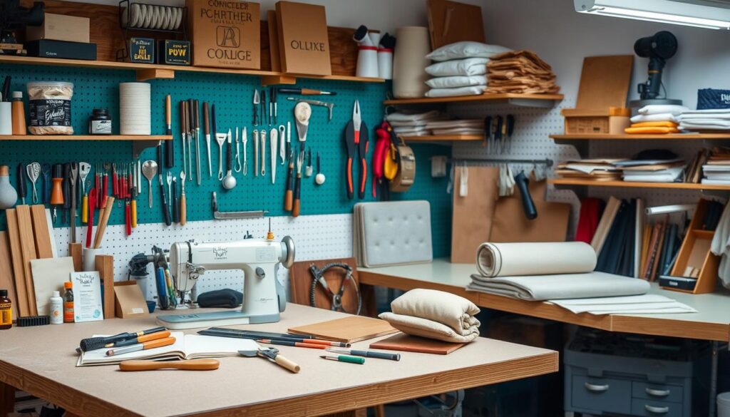 Image of a well-organised workspace with upholstery tools and materials
