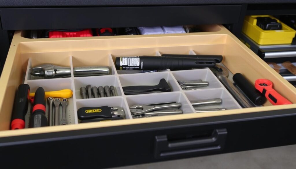 Image of a well-organized garage drawer with various tools and dividers