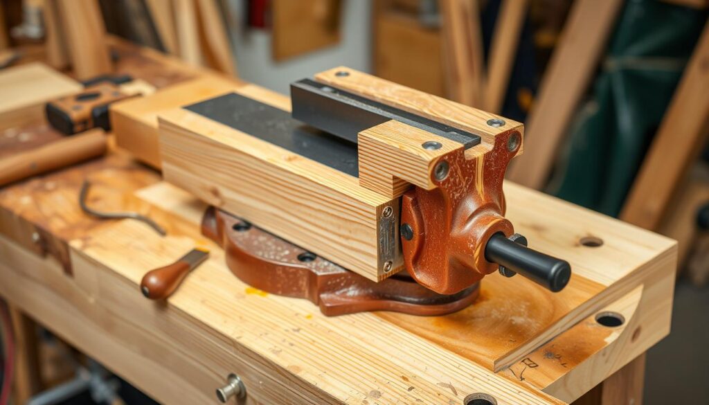 Image of a woodworking vice mounted on a sturdy workbench