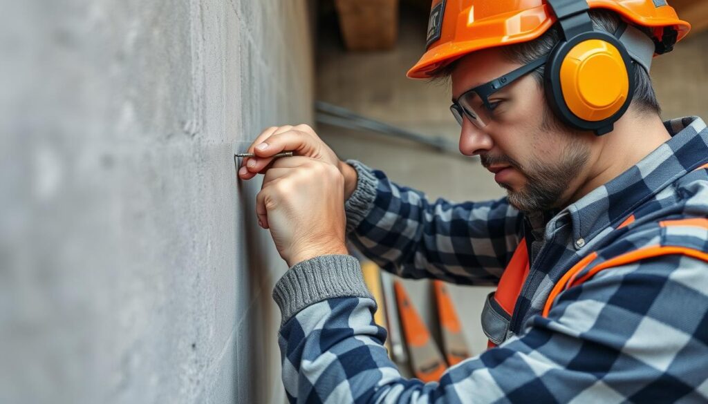 Image of a worker installing masonry screws into a concrete wall