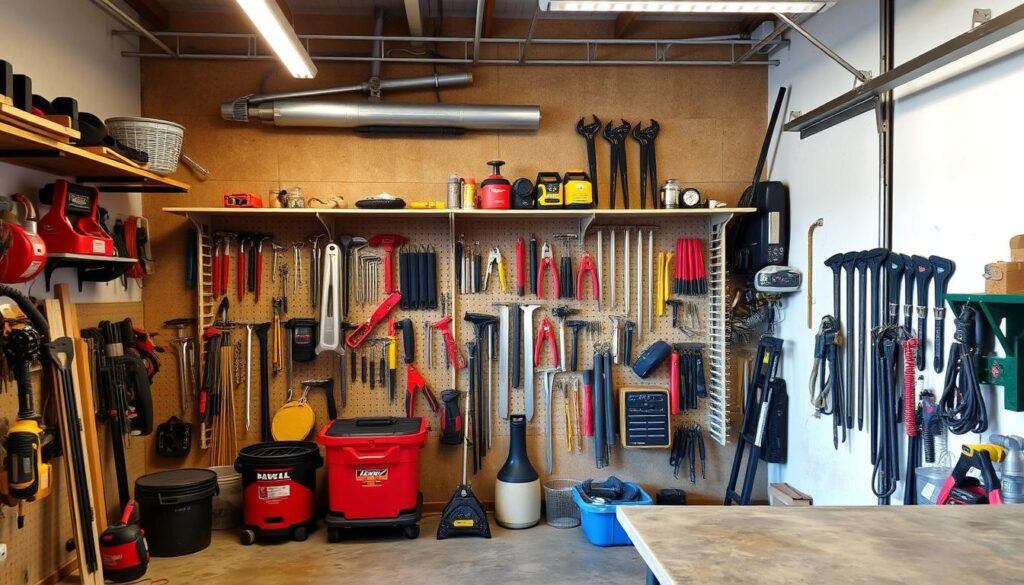 Image of a workshop with vertical tool storage racks